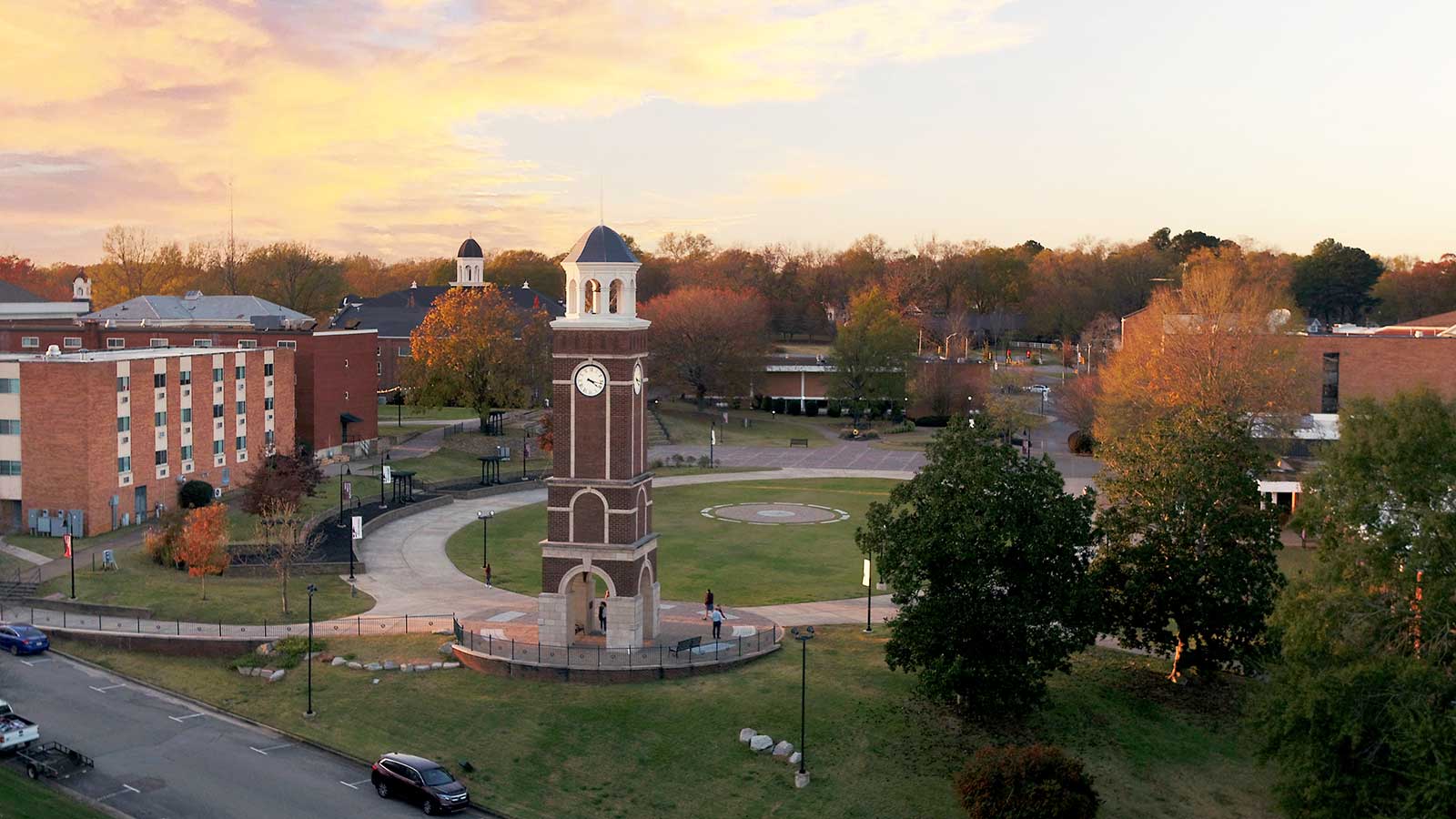 Clocktower drone photo showing campus housing