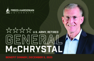 Smiling man in a suit next to text: Freed-Hardeman University. ★★★★ U.S. Army, Retired General McChrystal. Benefit Dinner | December 5, 2025. Abstract black background.