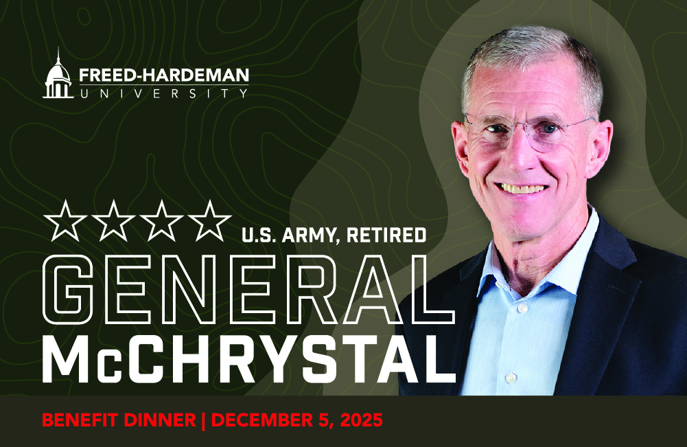 Smiling man in a suit next to text: Freed-Hardeman University. ★★★★ U.S. Army, Retired General McChrystal. Benefit Dinner | December 5, 2025. Abstract black background.