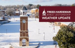 A image of the belltower and commons covered in snow
