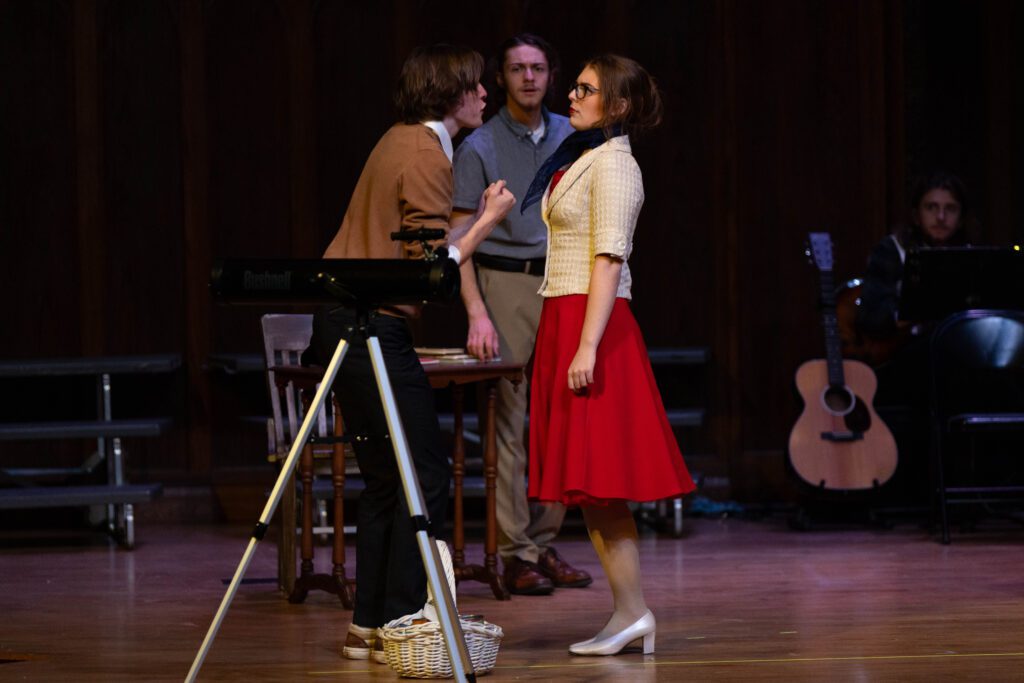 FHU theatre students Luke Noles, Levi Secula and Collett Heenan perform a scene from “Star Spangled Girl.”