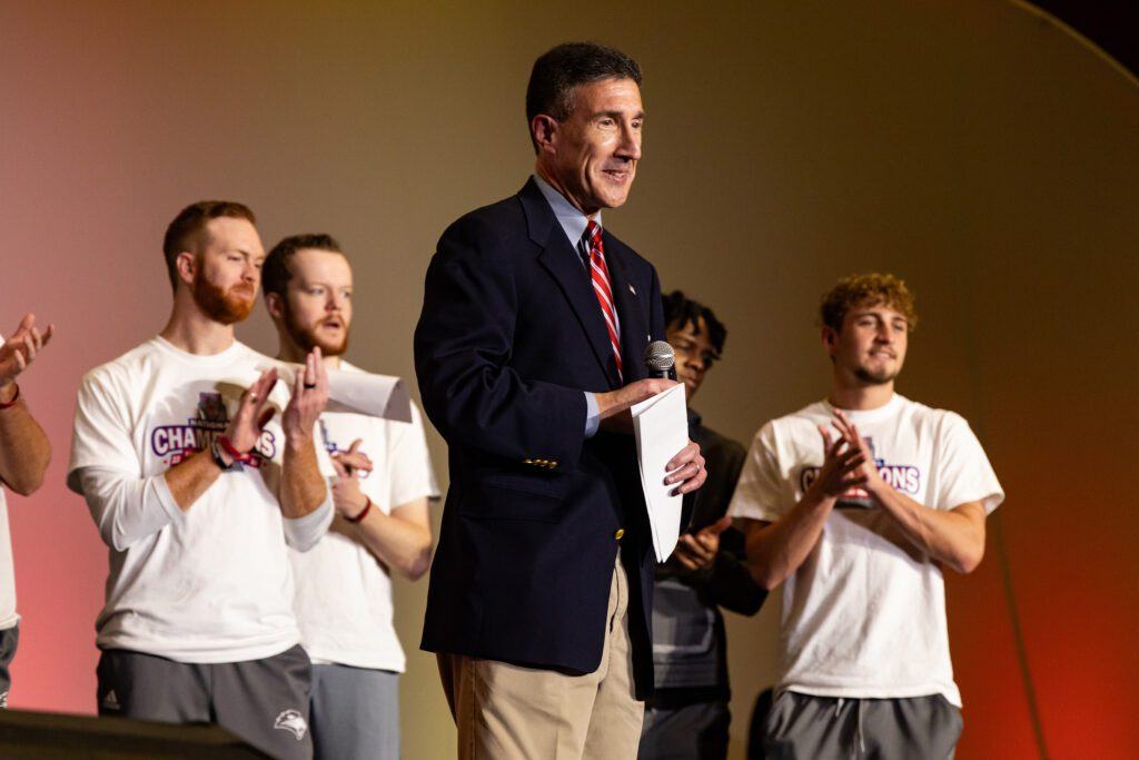 Congressman David Kustoff (8th Congressional District) congratulates the team during the team celebration in Loyd Auditorium Tuesday, Apri 2, 2024.