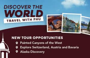 An image giving visitors information about the new tours available in the FHU travel program