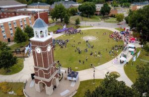 An arial view of the Freed-Hardeman University commons during a social club event.