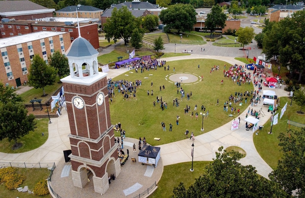 An arial view of the Freed-Hardeman University commons during a social club event.