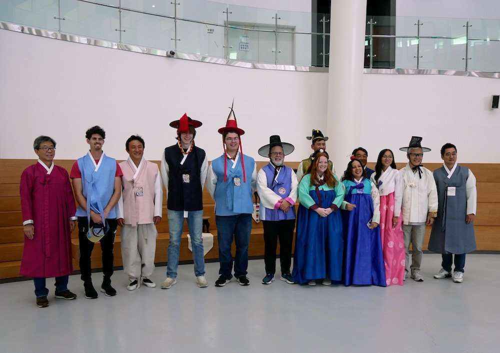 Trying on traditional Hanbok clothing at the Korean Hanbok Promotion Institute in Sangju