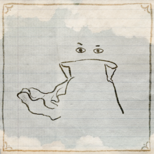 a drawn picture of a foggy piece of notebook paper with a drawing of a cape and eyes on it