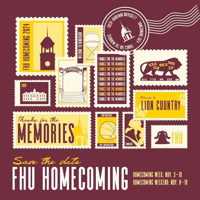 A collage of illustrated stamps and postcards in yellow and burgundy promotes FHU Homecoming 2024, with text “Thanks for the memories” and event dates: Nov. 3–10 for Homecoming Week, Nov. 8–10 for Homecoming Weekend.
