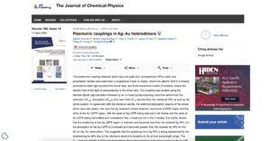 Screenshot of a research article titled Plasmonic couplings in Ag–Au heterodimers from The Journal of Chemical Physics website, showing the abstract, author list, and navigation/sidebar sections.