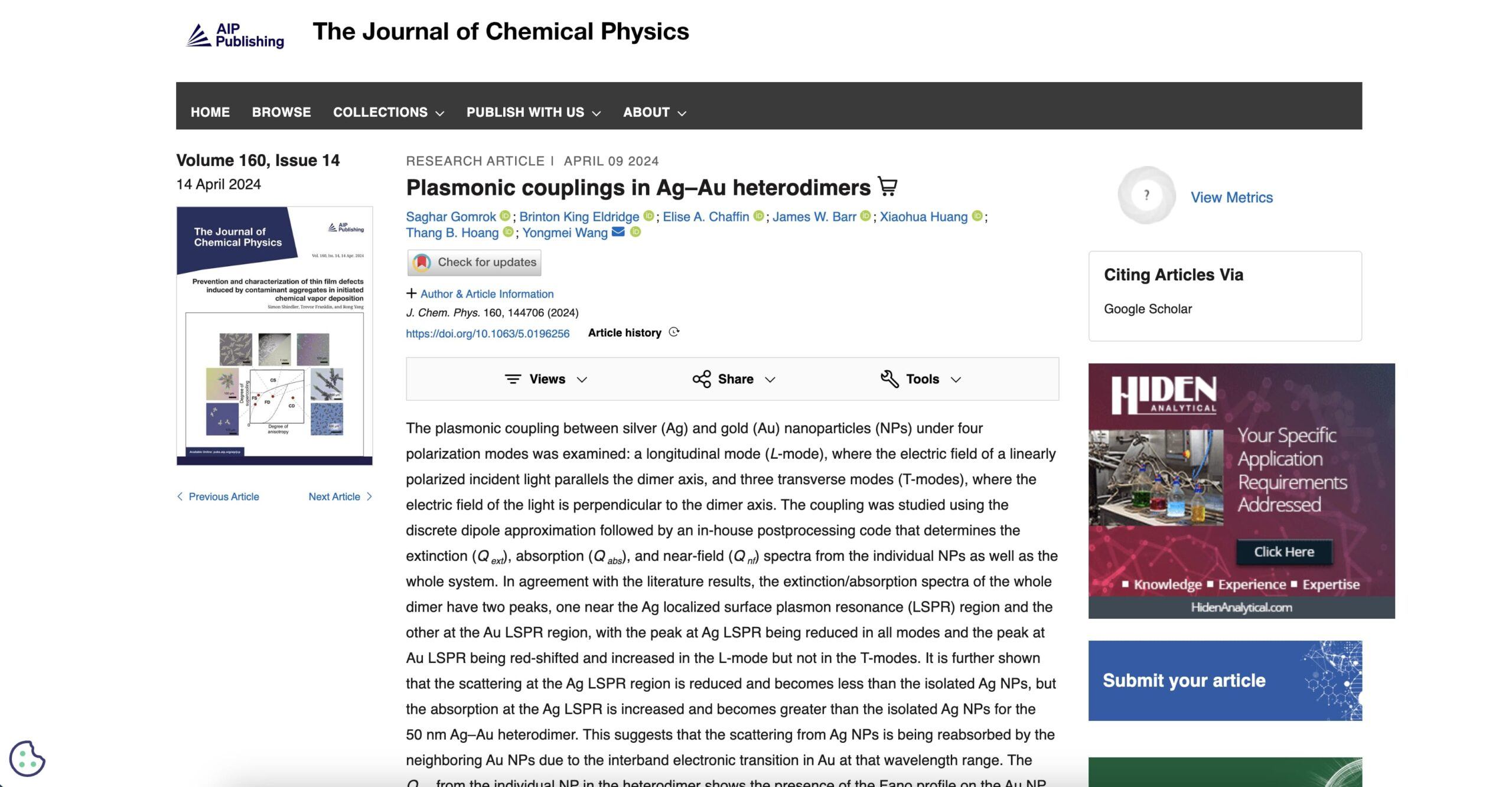 Screenshot of a research article titled Plasmonic couplings in Ag–Au heterodimers from The Journal of Chemical Physics website, showing the abstract, author list, and navigation/sidebar sections.