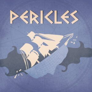 Stylized illustration of a sailing ship breaking through a net, with the word PERICLES in bold, geometric letters above, set against a purple background with a faint circular pattern.
