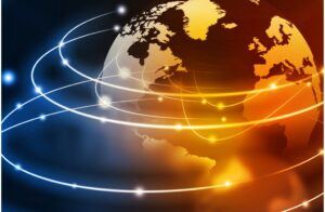 A glowing digital illustration of Earth with bright, curved lines encircling it, symbolizing global communication and connectivity. The continents of North America, South America, Europe, and Africa are visible.
