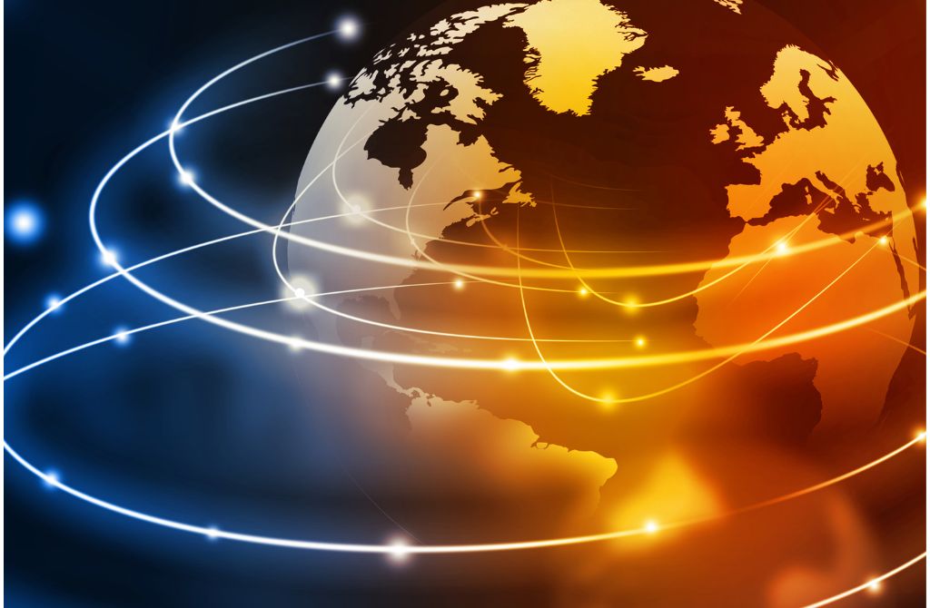 A glowing digital illustration of Earth with bright, curved lines encircling it, symbolizing global communication and connectivity. The continents of North America, South America, Europe, and Africa are visible.