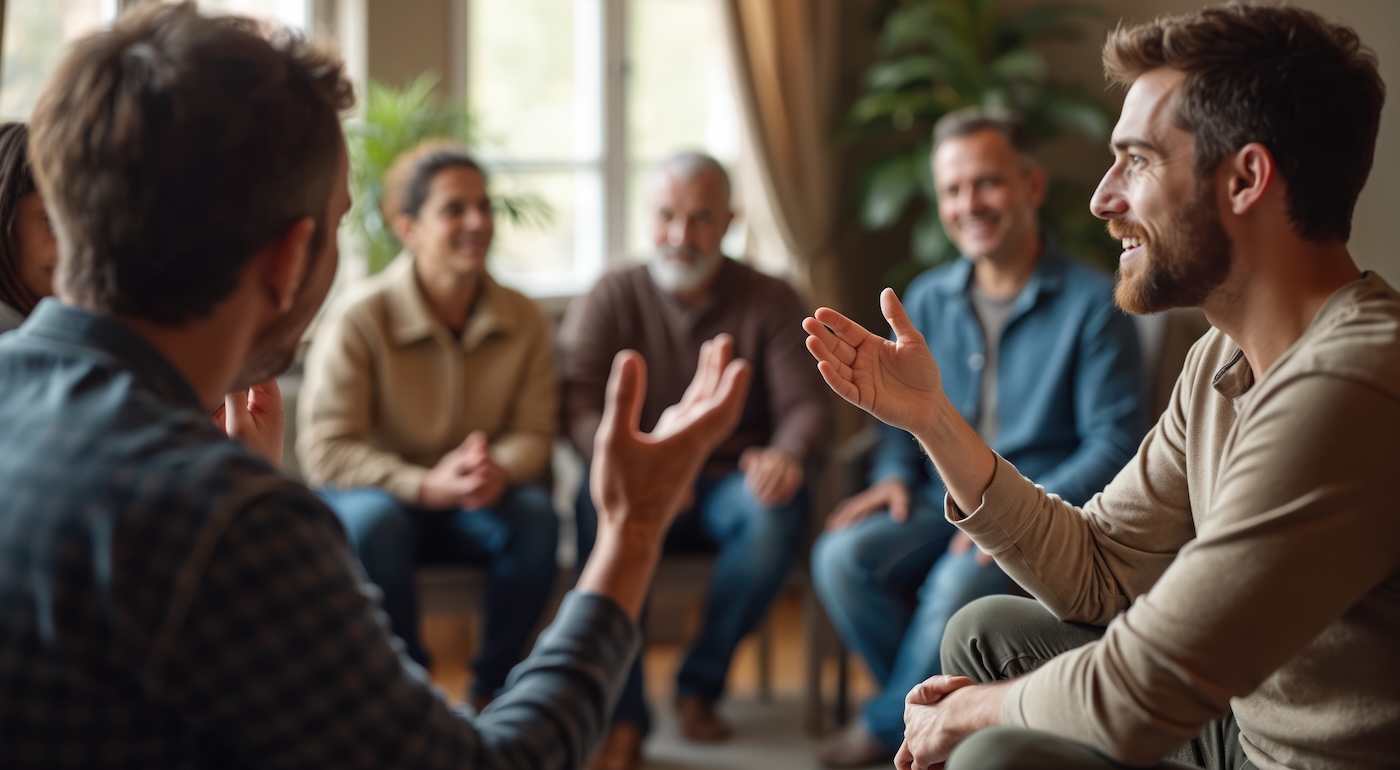 Group of men of all different ages discussing spiritual leadership