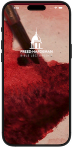 Paintbrush brushing red paint in a apple iphone screen with a while freed-hardeman logo over it