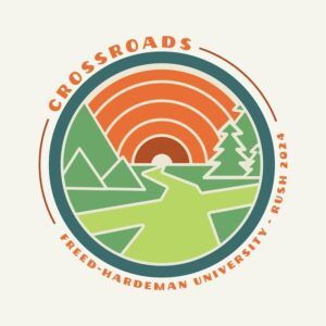 Circular logo with stylized green paths, mountains, and trees under an orange-striped sunset. Text reads: CROSSROADS above and Freed-Hardeman University • Rush 2024 below.