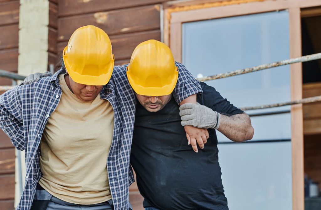 Two construction workers wearing yellow hard hats support each other, with one worker appearing injured or tired. They are standing close together in front of a wooden building.