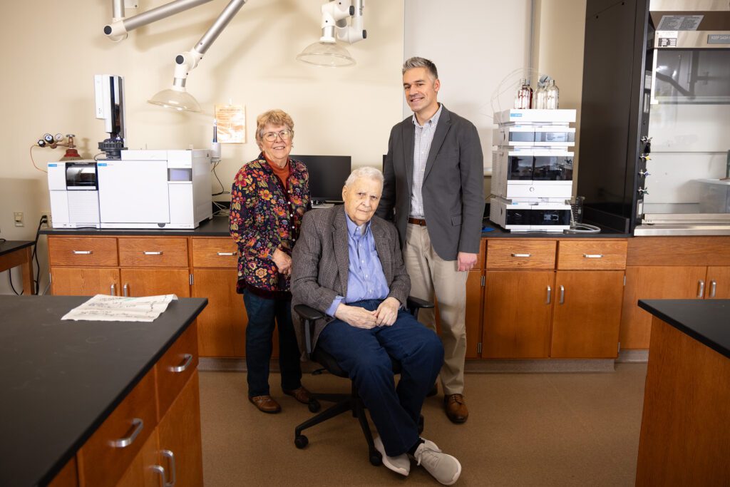 (L to R) Kay DeLay, Dr. Joe DeLay and Dr. Jim Barr, director of institutional research and analytics and professor of chemistry