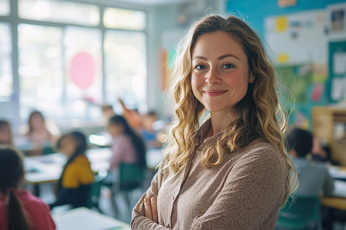 A Teacher smiling with her arms crossed in front of her out of focus classroom