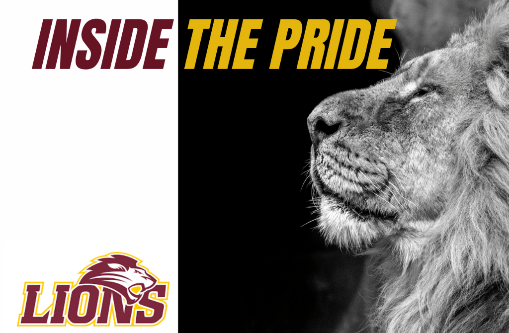 Split graphic with INSIDE THE PRIDE text, a fierce lion logo labeled LIONS on the left, and a black-and-white closeup of a lions face on the right.